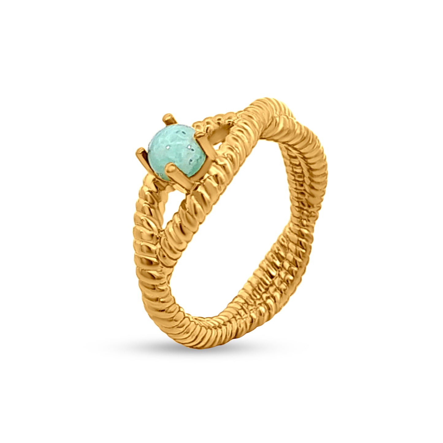 Kiara Bloom: Split Twisted Shank Ring with Blue Stone & Gold Polish