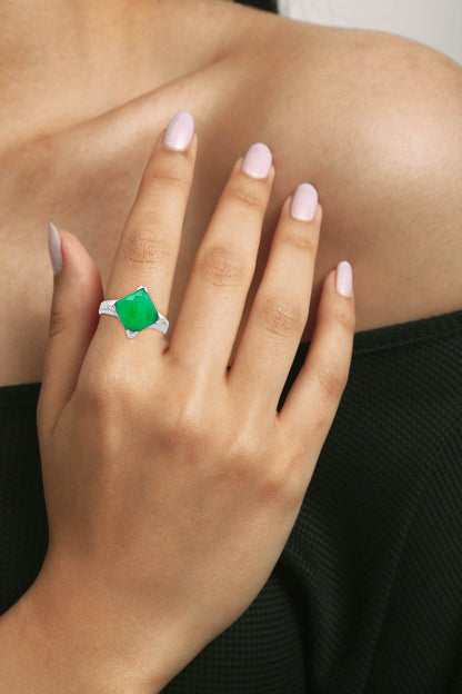 Diamond-Shaped Green Stone Sterling Silver Statement Ring