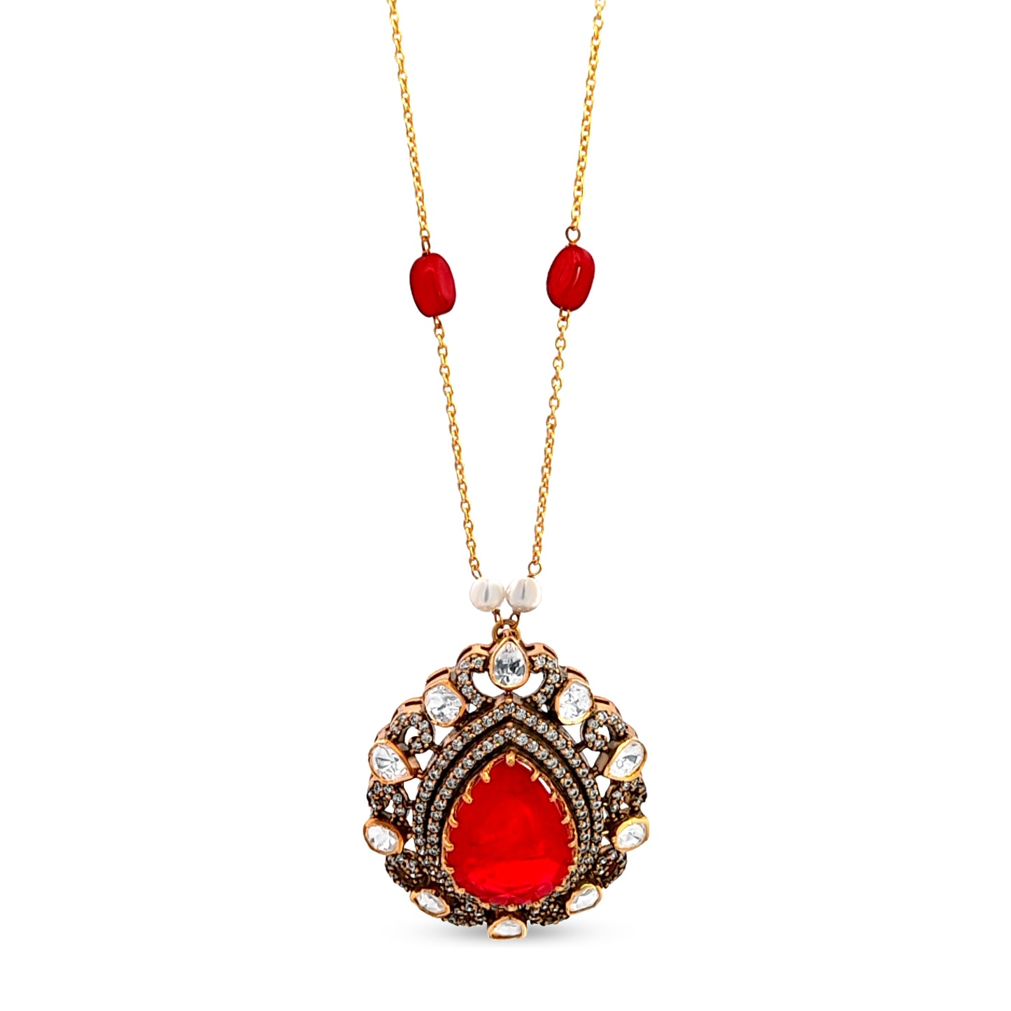 Vaishnavi's 925 Silver Kundan Pendant with Pear-Shaped Red Stone