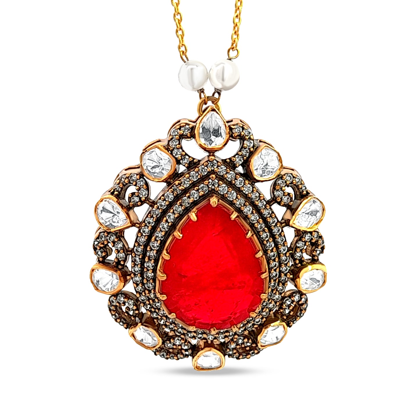 Vaishnavi's 925 Silver Kundan Pendant with Pear-Shaped Red Stone