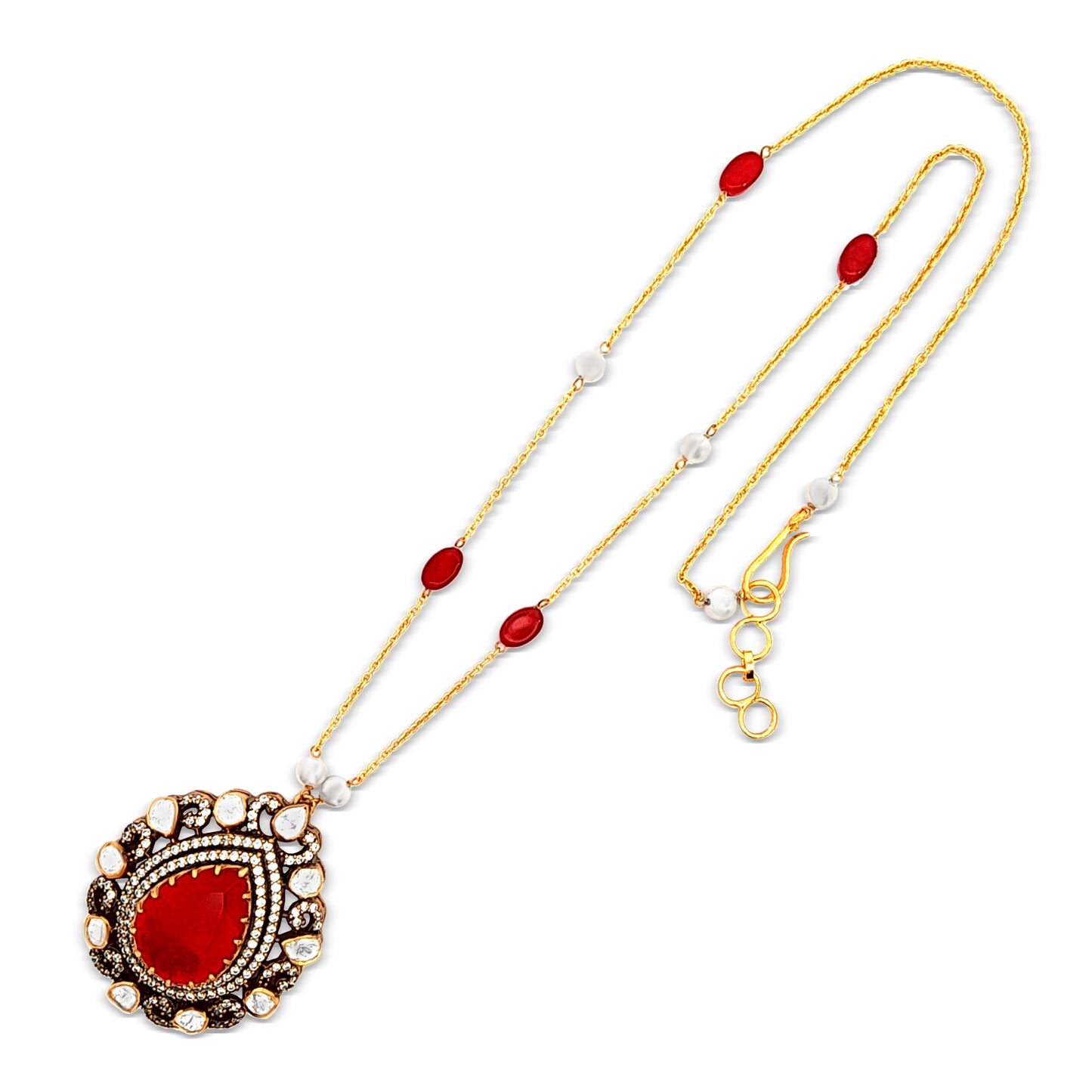 Vaishnavi's 925 Silver Kundan Pendant with Pear-Shaped Red Stone