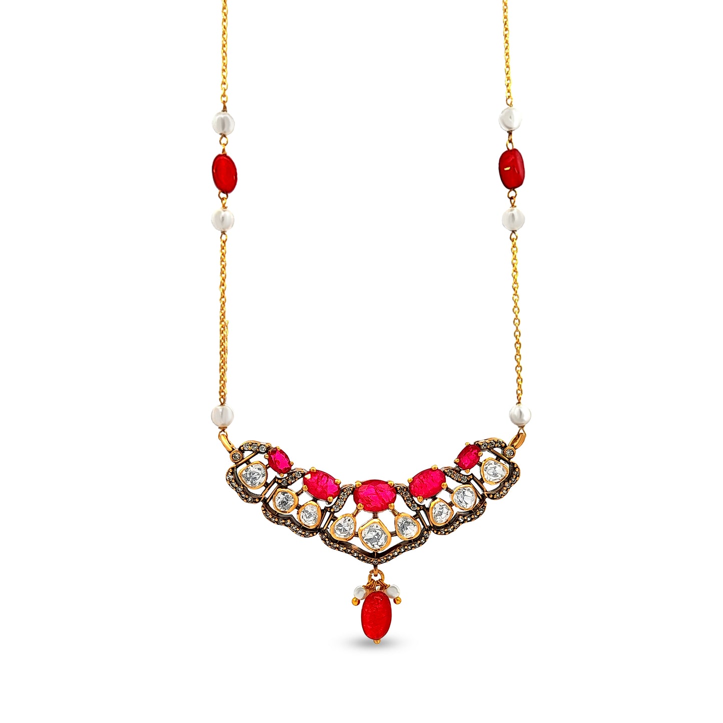 Amruta's 925 Silver Long Kundan Pendant with Pearls and Stone Trinkets