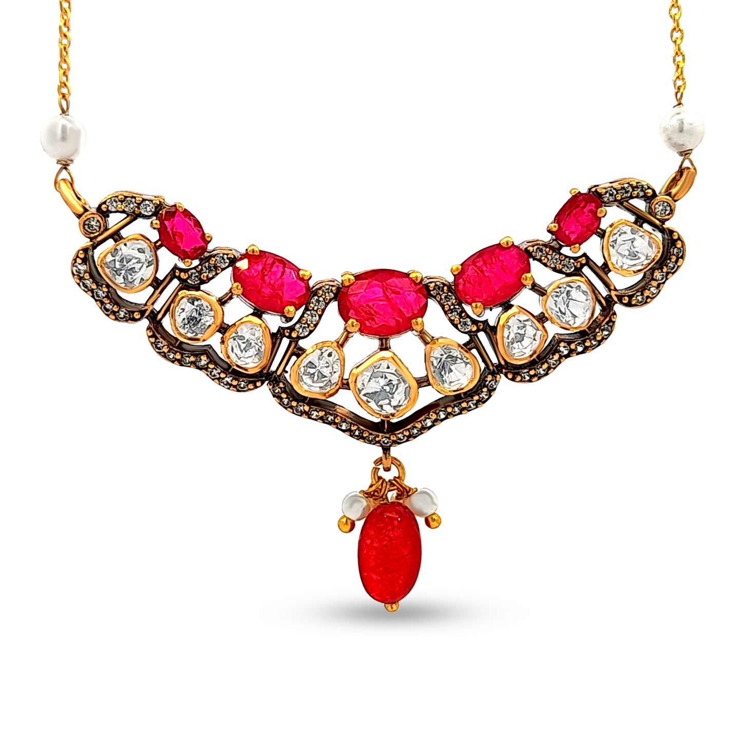 Amruta's 925 Silver Long Kundan Pendant with Pearls and Stone Trinkets