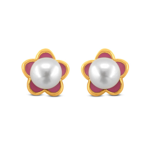 18k Gold Floral Pearl Studs: Enamel Elegance Meets Natures Beauty.